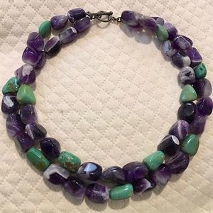 VINTAGE Amethyst and Turquoise Double Strand Sterling Silver Necklace